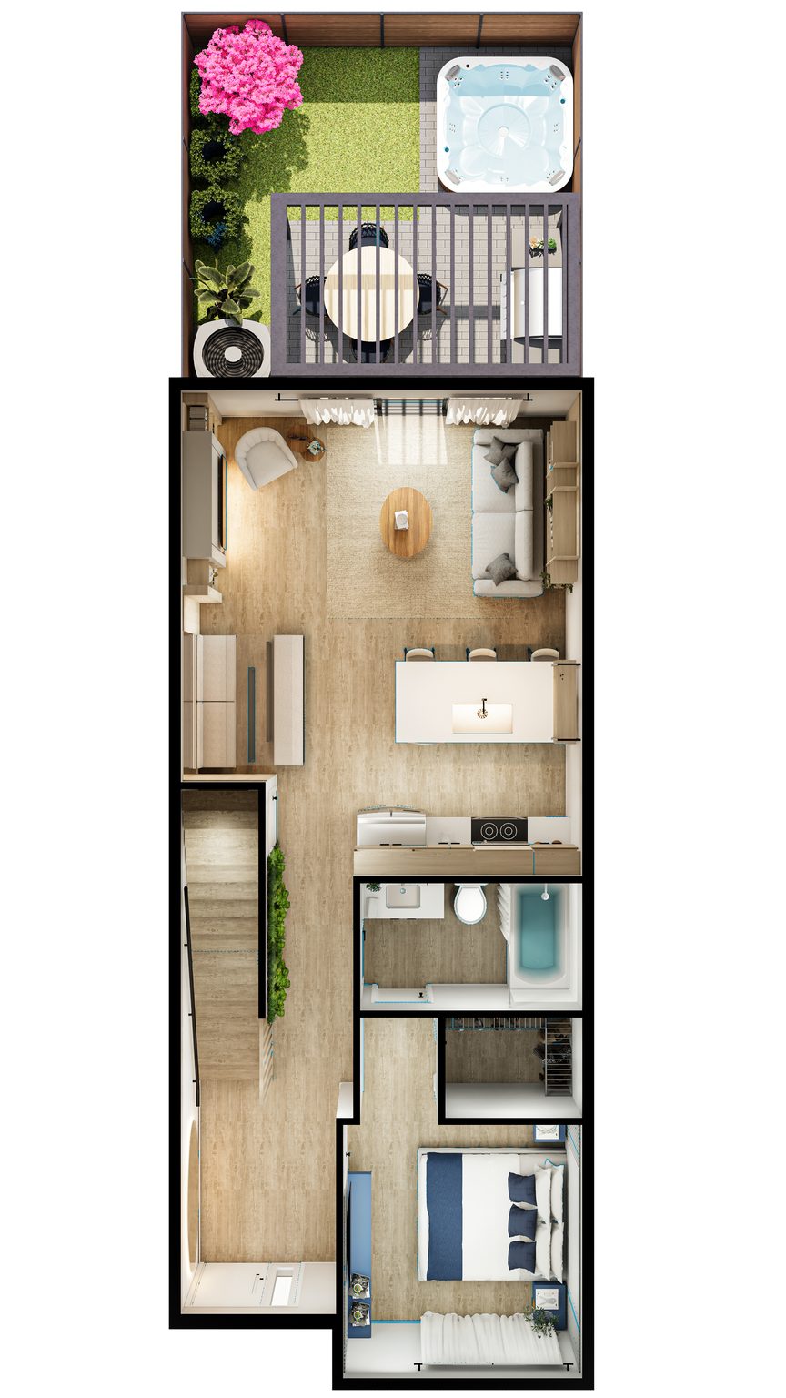 The Hub Garden — 1º piso · living, cozinha e garden