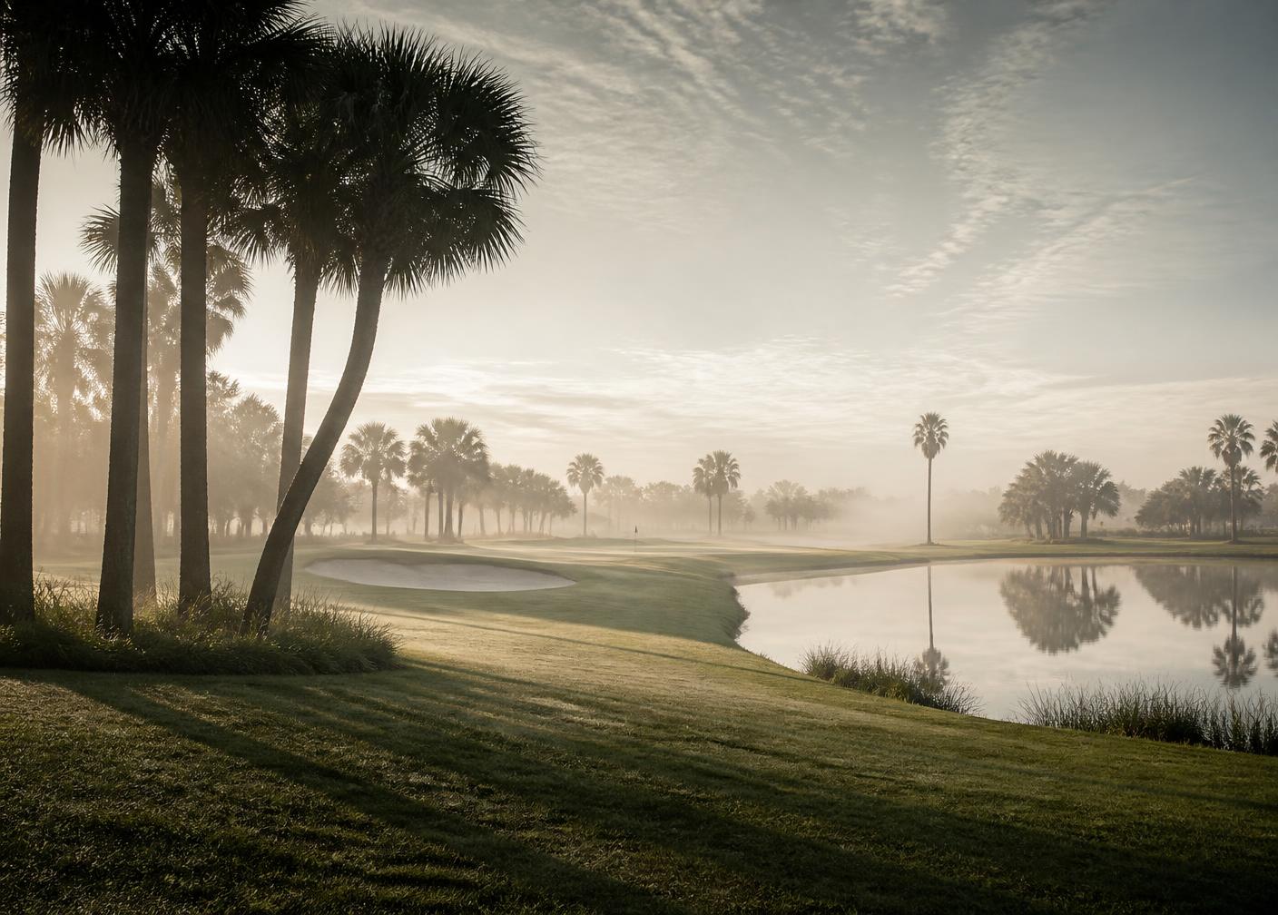 Campo de golfe e lago na Flórida ao amanhecer